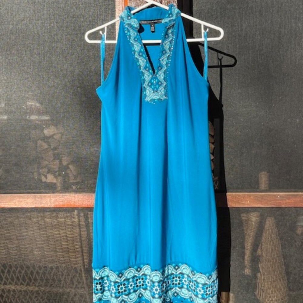 WHBM - Turquoise Blue Halter Dress with Embroidered/Beaded Collar - Size Small